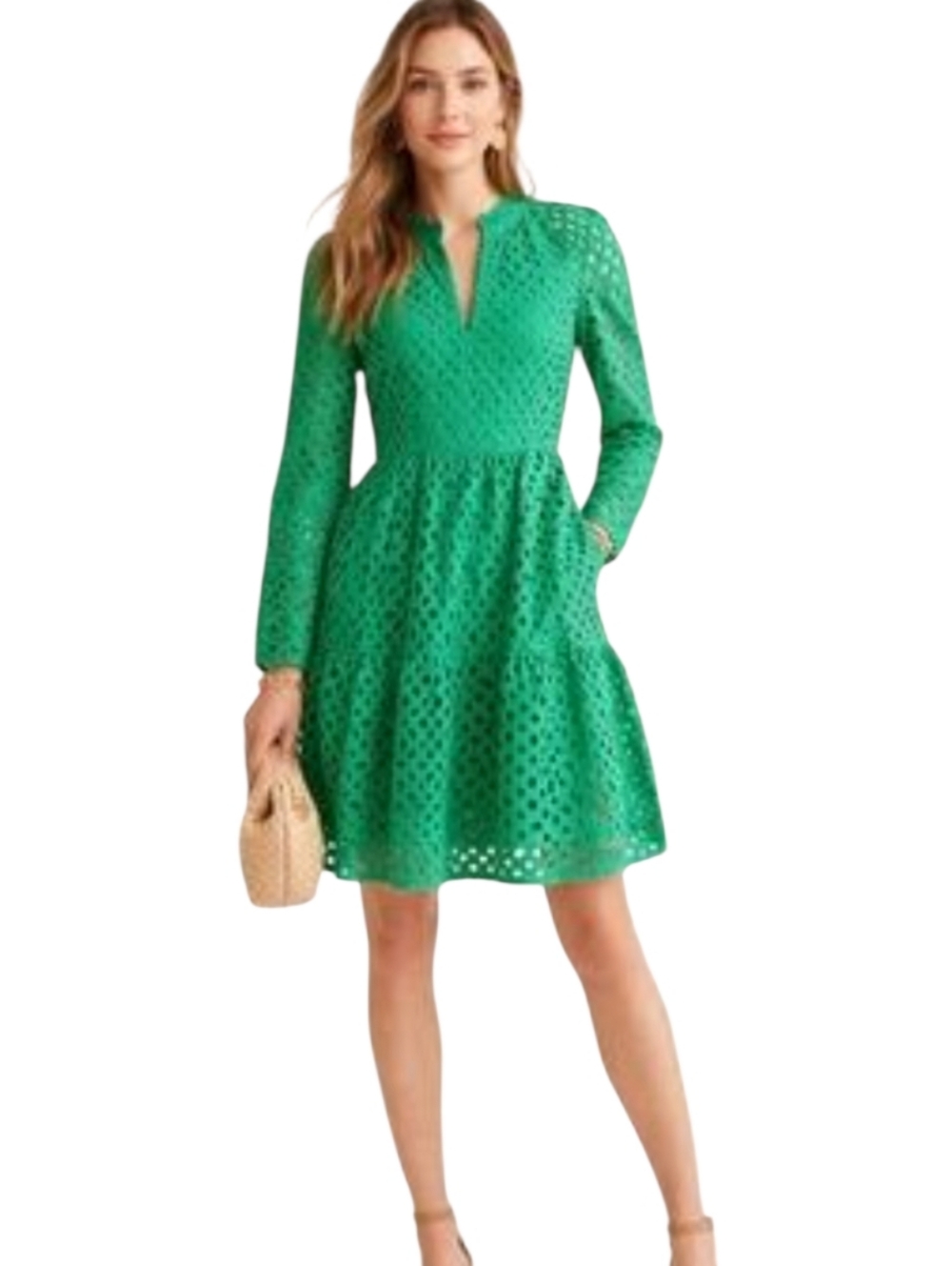J. Crew Eyelet Dress with Pockets Size XL Kelly Green Tiered Cotton Blend Spring